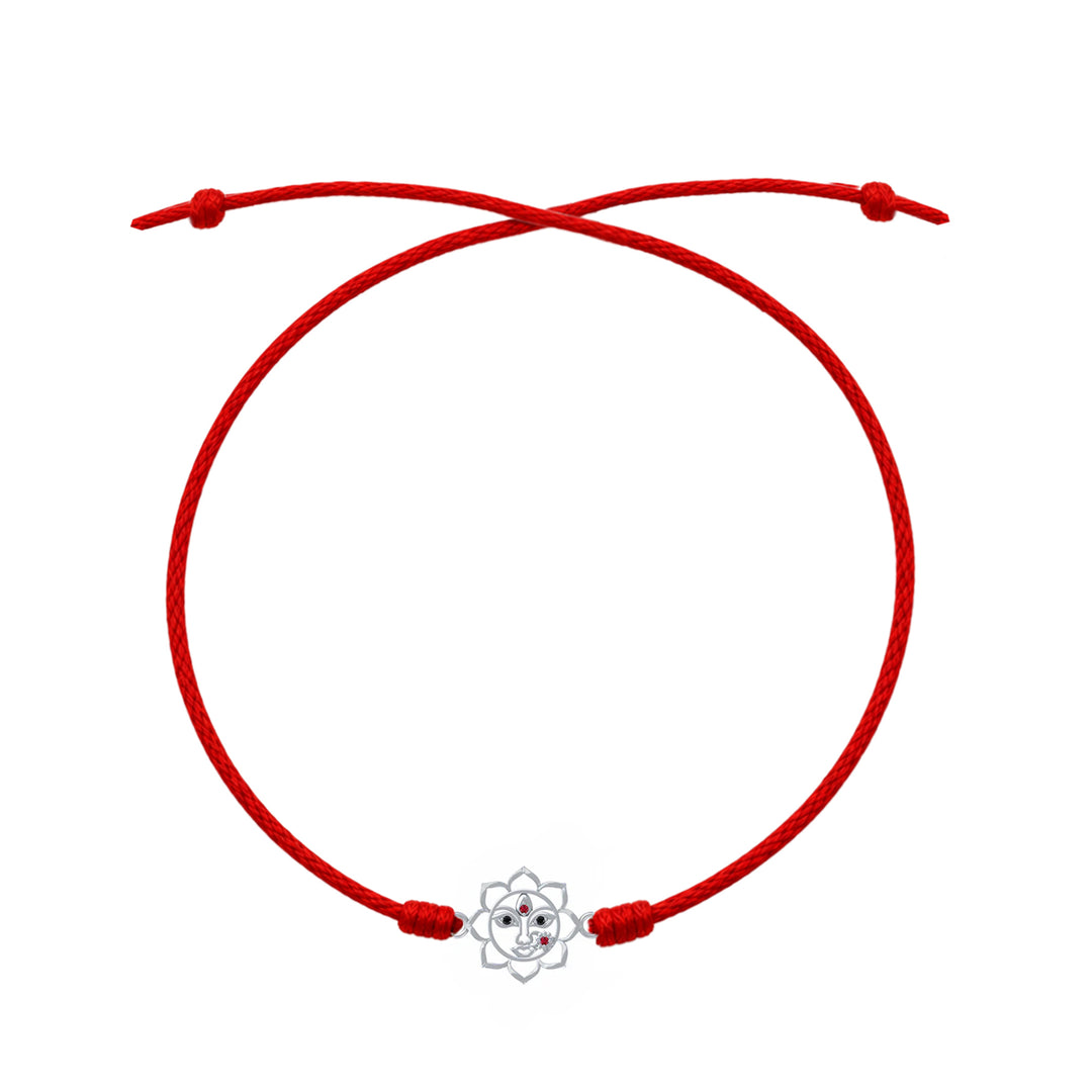 92.5 Silver Durga Maa Red Thread Rakhi with Chandan Tilak set
