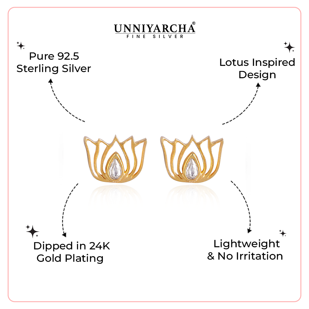 92.5 Silver White Kundan Sacred Lotus Stud Earrings
