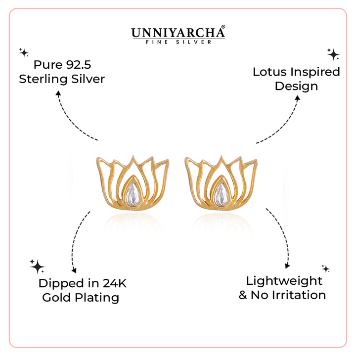 92.5 Silver White Kundan Sacred Lotus Stud Earrings