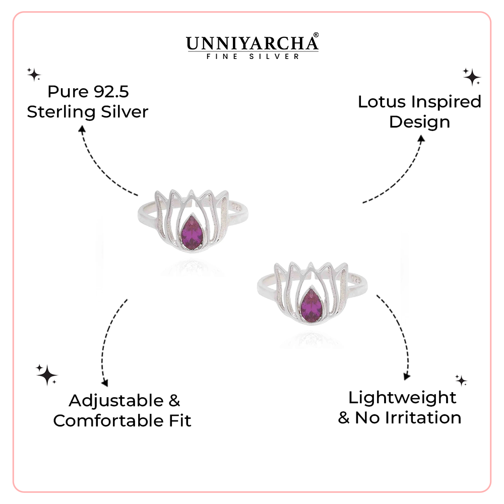 92.5 Sterling Silver Lotus Toe ring with Pink stone