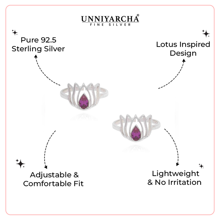 92.5 Sterling Silver Lotus Toe ring with Pink stone