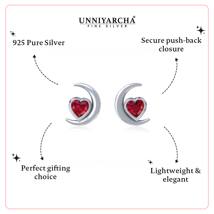 Ruby Crescent Stud Earrings – 925 Silver