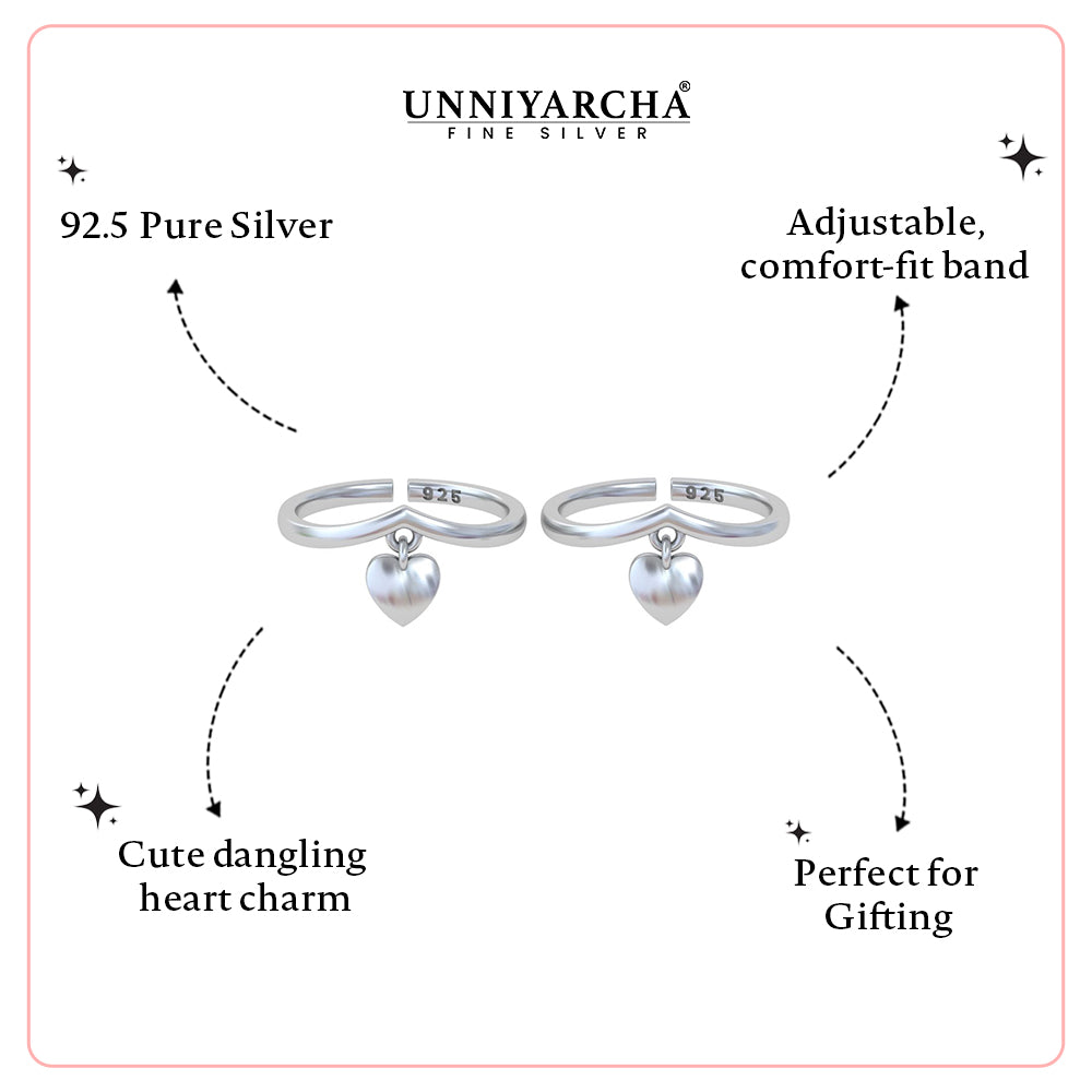 Pure 92.5 Silver Heart Charm Toe Rings