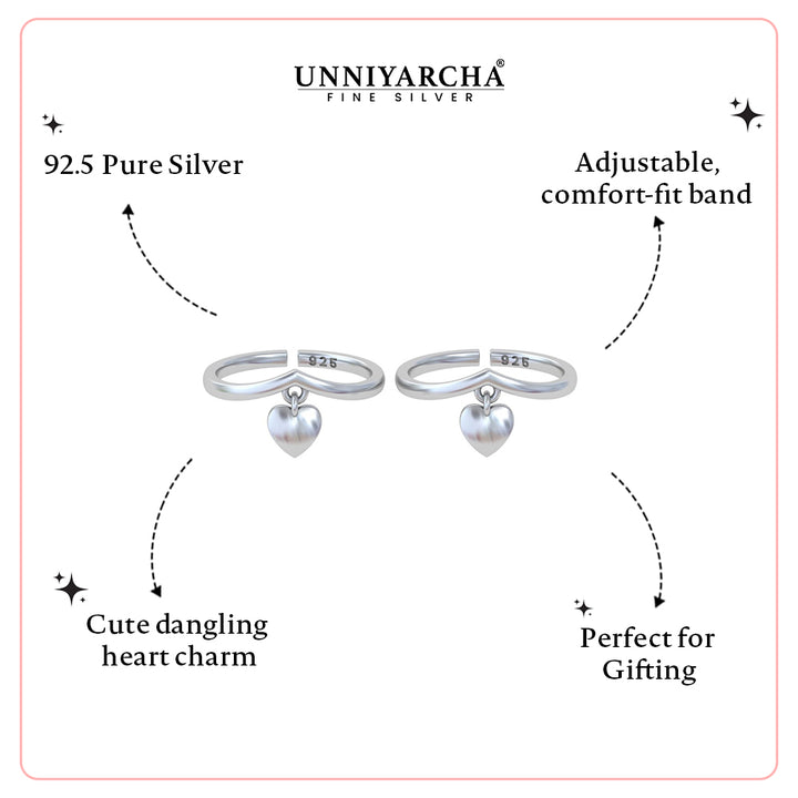 Pure 92.5 Silver Heart Charm Toe Rings