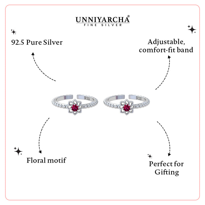 Pure 92.5 Silver Floral Zircon Toe Rings