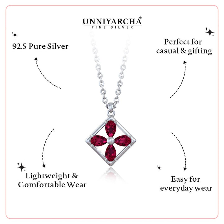 925 Pure Silver Square Floral Pendant Necklace with Red Zircon