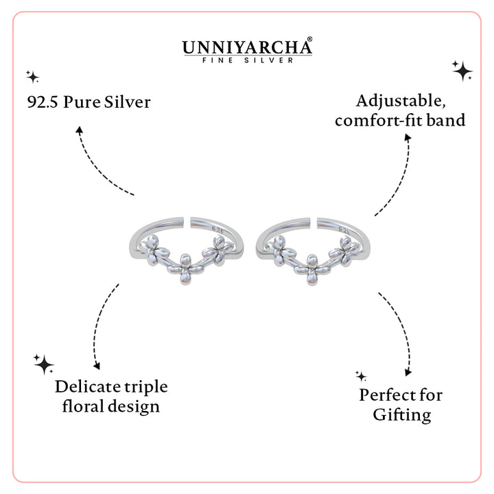 Pure 92.5 Silver Floral Design Toe Rings