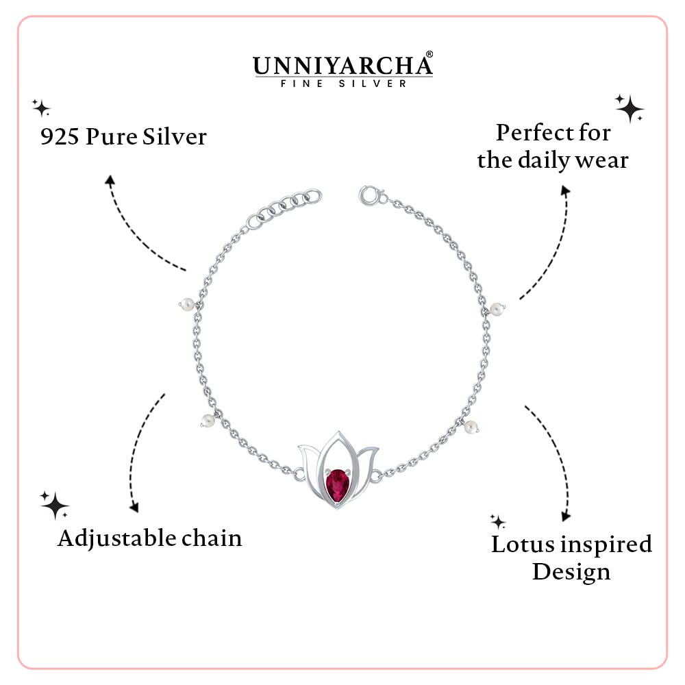 Unniyarcha 925 Pure Silver Lotus Bracelet with Ruby Red Stone & Pearl — Adjustable