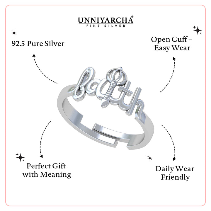 925 Pure Silver Faith Hanuman Gada Adjustable Ring