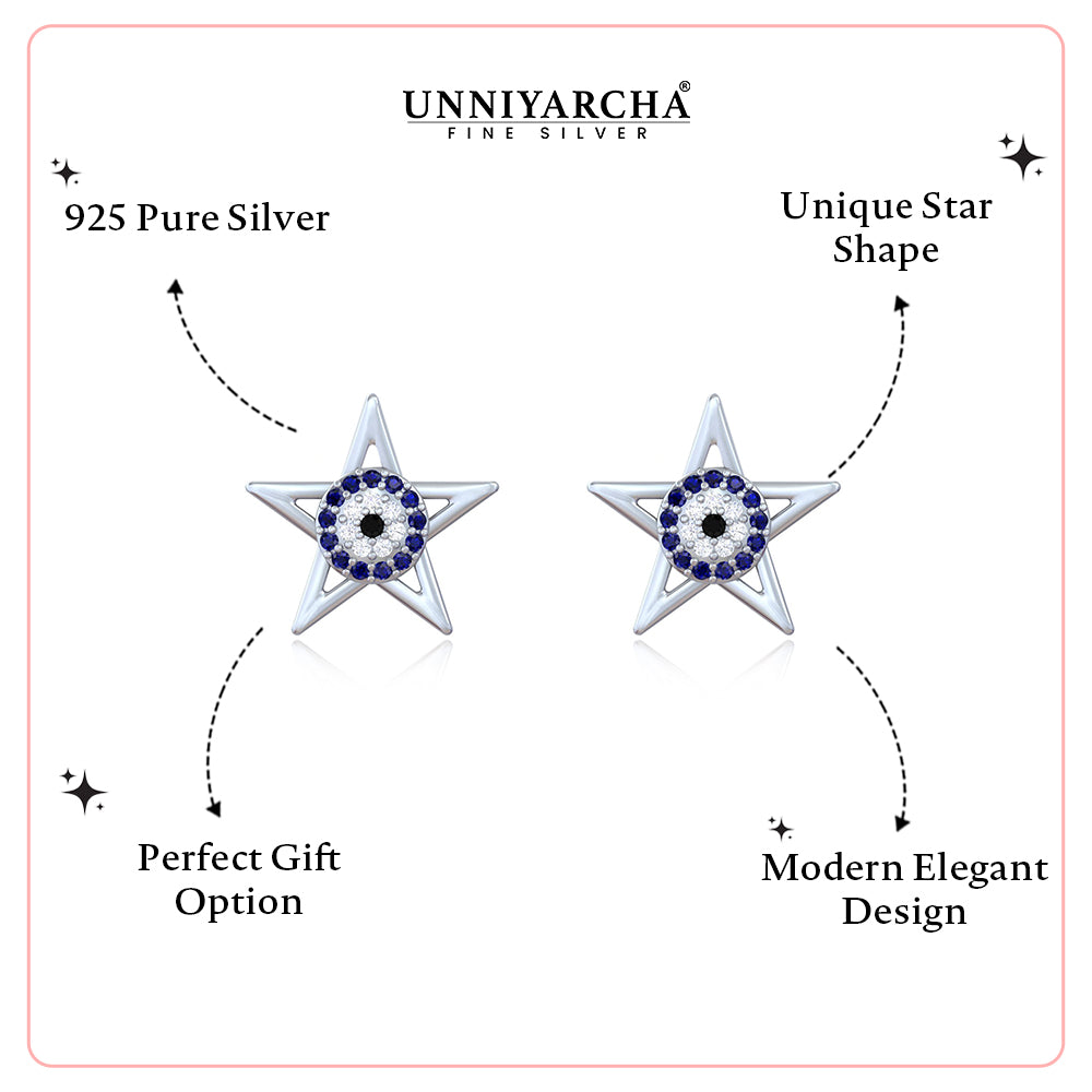 Celestial Guardian: Pure Silver Evil Eye Star Studs