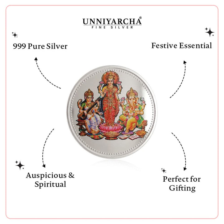 20 Gram 999 Pure Silver Coin - Lakshmi Saraswati Ganesha Color Print