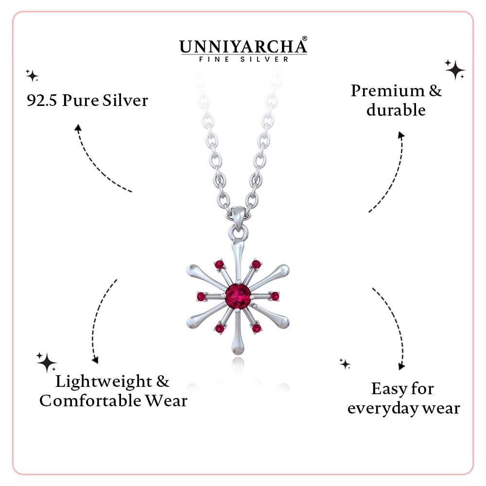 925 Pure Silver Red Zircon Snowflake Starburst Pendant Necklace