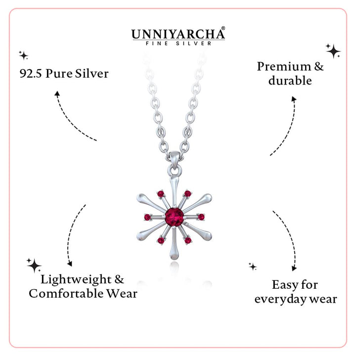 925 Pure Silver Red Zircon Snowflake Starburst Pendant Necklace