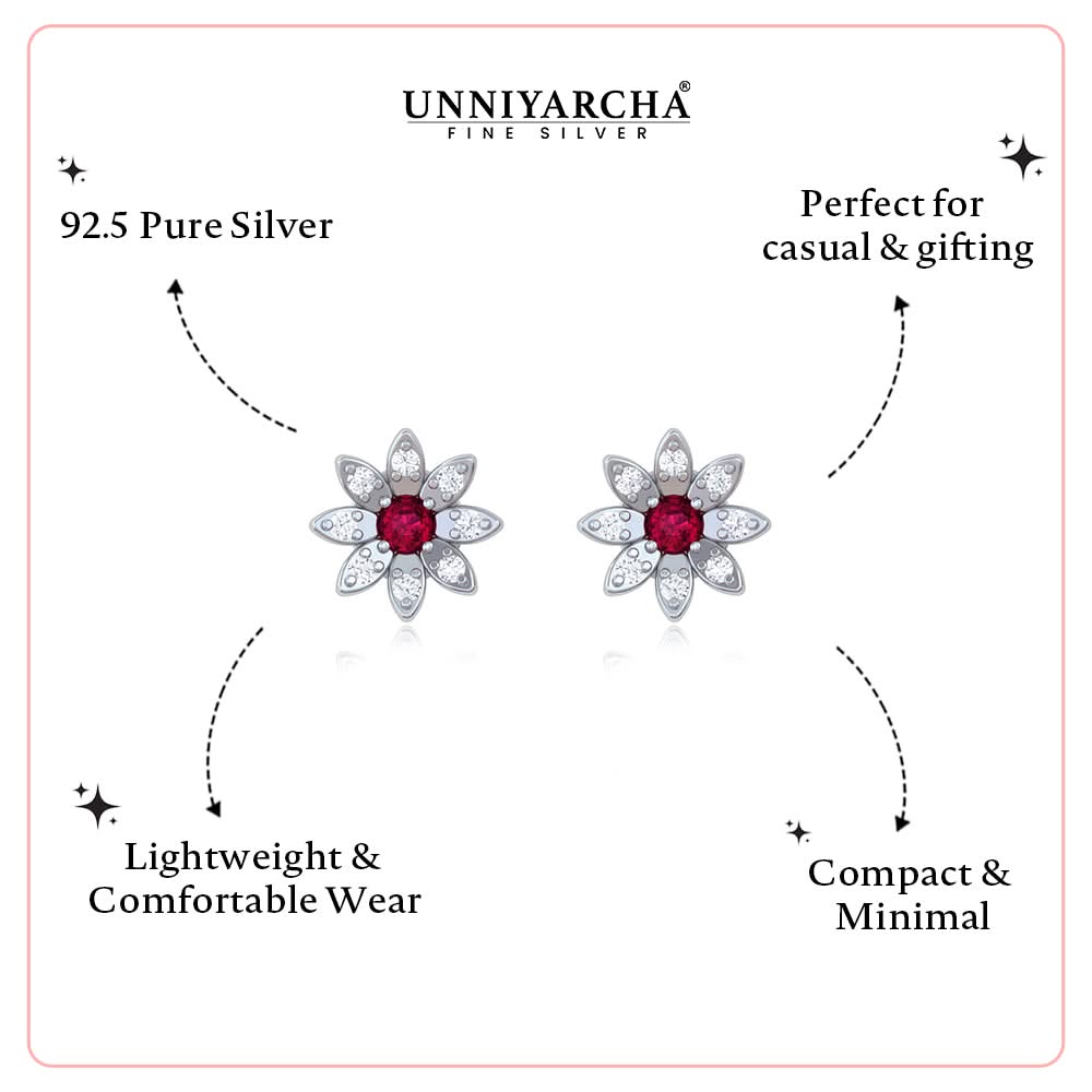 925 Pure Silver Sunflower Stud Earrings with Red & White Zircon