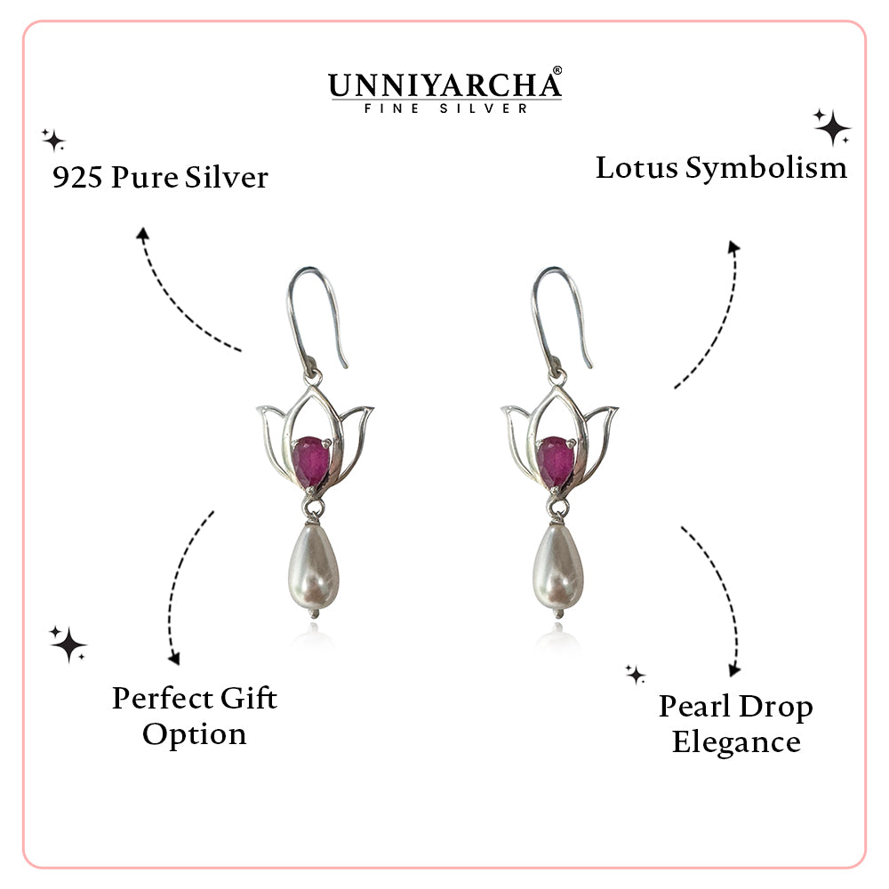 92.5 Silver Lotus Crimson Drop Earrings