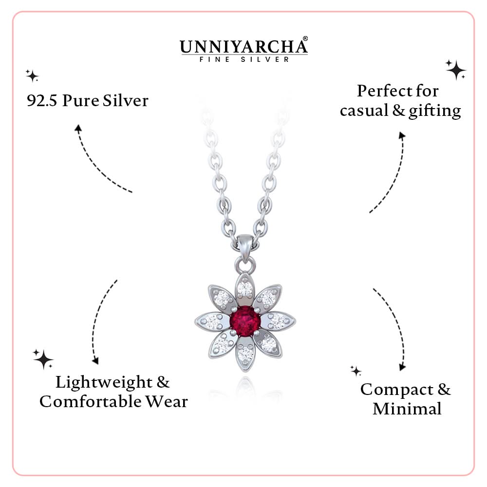925 Pure Silver Sunflower Pendant Necklace with Red & White Zircon