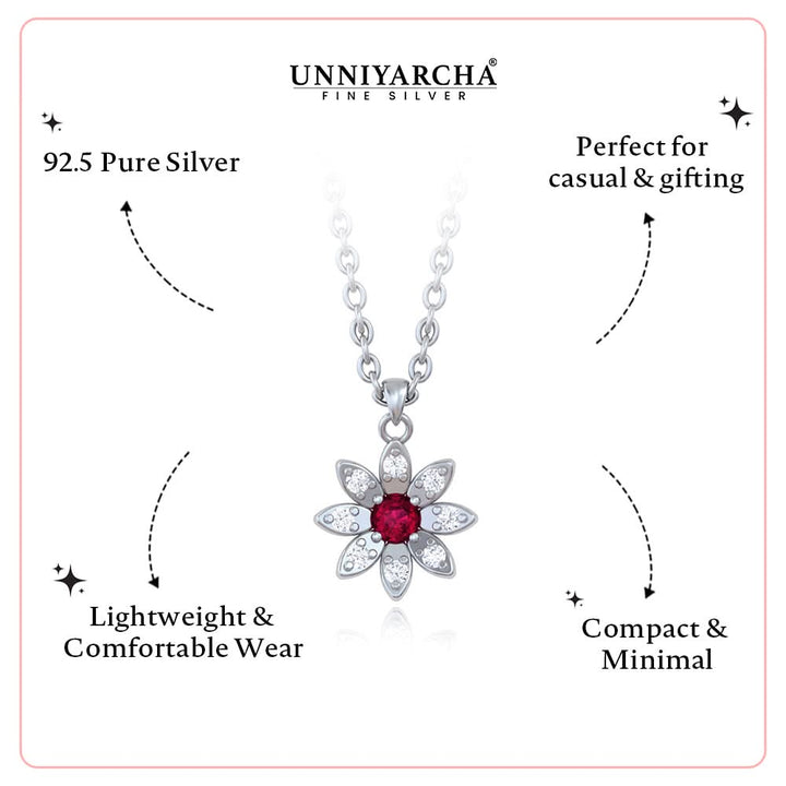 925 Pure Silver Sunflower Pendant Necklace with Red & White Zircon