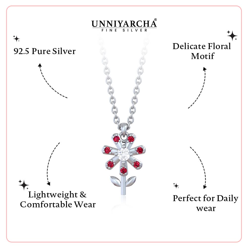 Pure Silver 24kt Gold Plated Ruby Flower Pendant Necklace