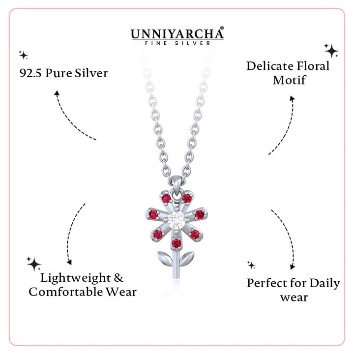 Pure Silver 24kt Gold Plated Ruby Flower Pendant Necklace