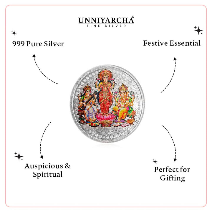 10 Gram 999 Pure Silver Coin - Lakshmi Saraswati Ganesha Color Print