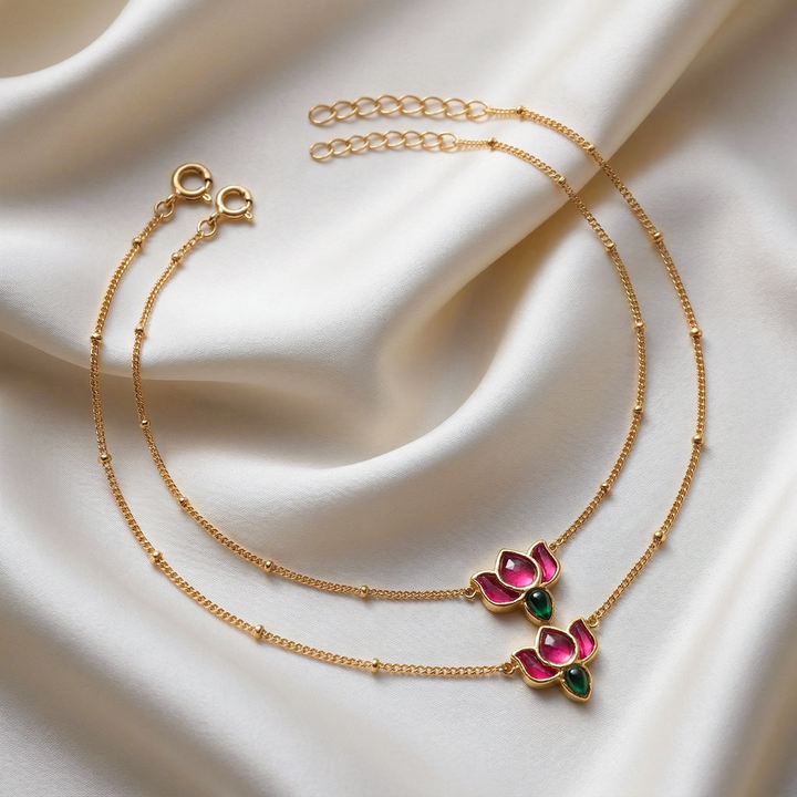 925 Sterling Silver Kundan Lotus Anklet ( Pair)