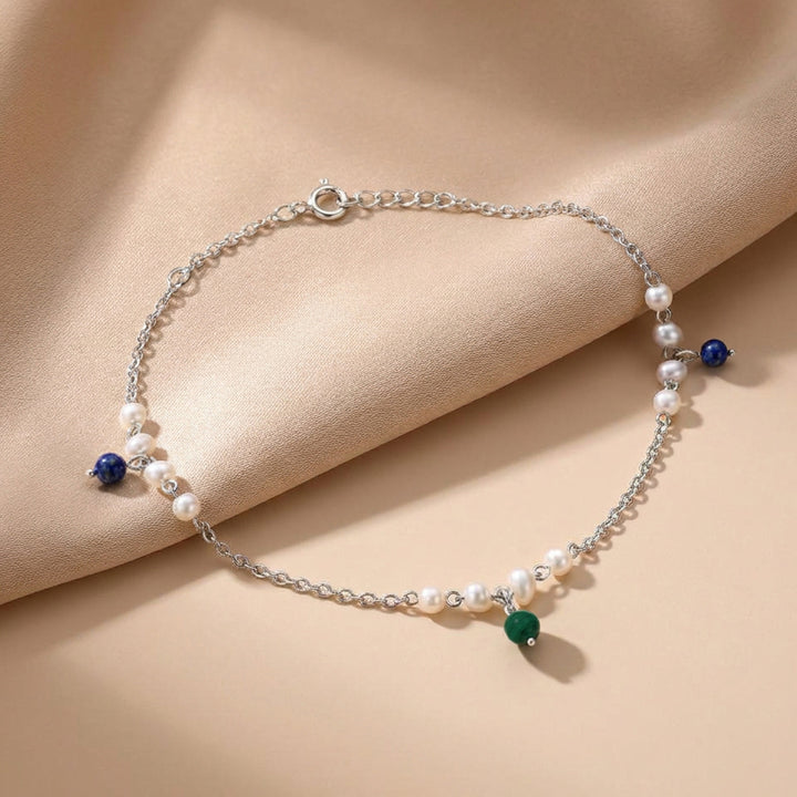 925 Pure Silver Delicate Pearl & Dangle Bead Anklet