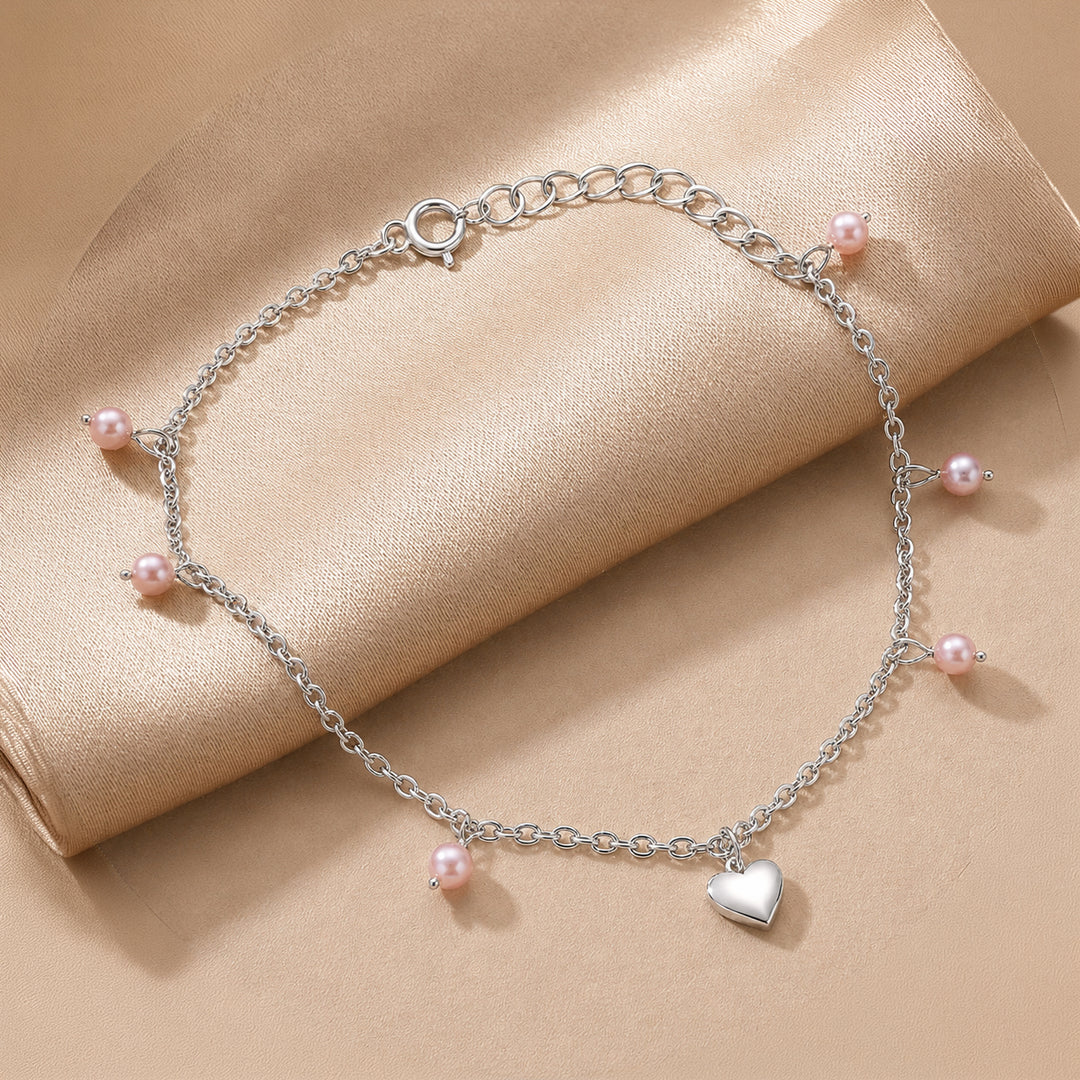 925 Pure Silver Delicate Hanging Bead & Heart Anklet