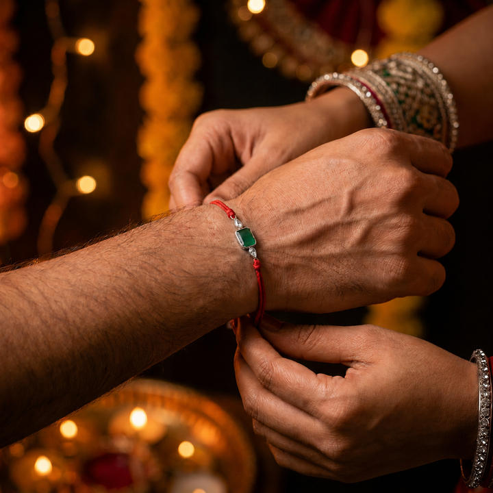 92.5 Rakhi WIth Green Onyx with Chandan Tilak Set