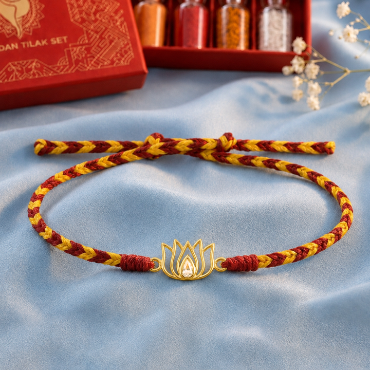 92.5 Silver Lotus Rakhi with Chandan Tilak Set