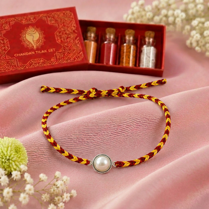 92.5 Silver Pearl Rakhi with Chandan Tilak Set