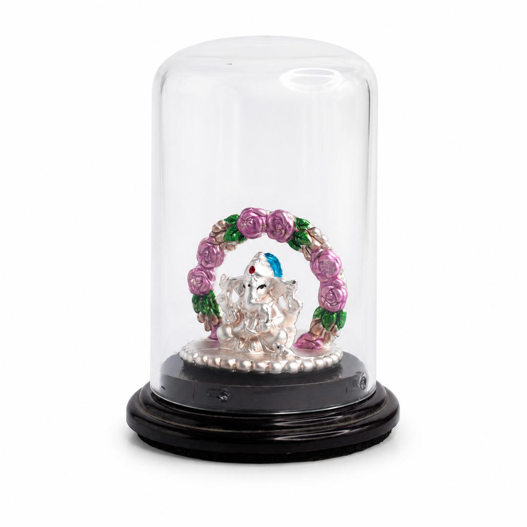 999 Silver Floral Ganesha Idol in Dome Casing