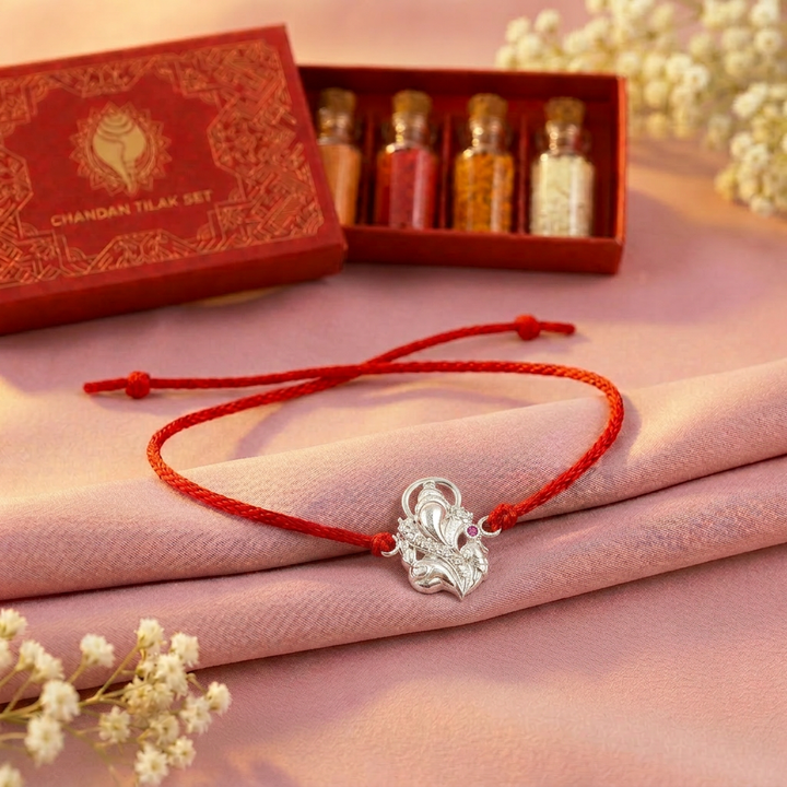 Pure 92.5 Sterling Silver Ganpati Rakhi with Chandan Tilak Set