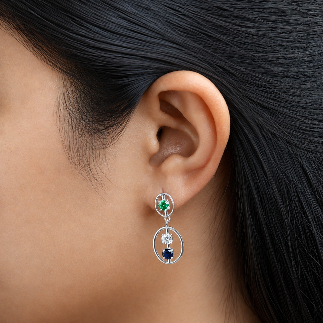 925 Silver Sapphire & Emerald Drop Earrings