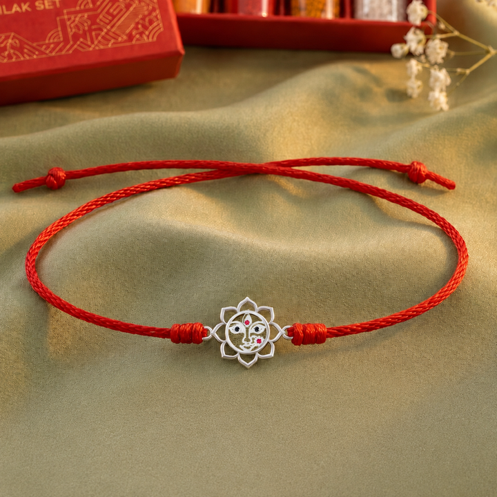 92.5 Silver Durga Maa Red Thread Rakhi with Chandan Tilak set