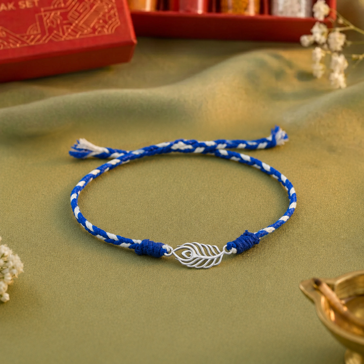 Pure 92.5 Morpankh Silver Rakhi with Chandan Tilak Set