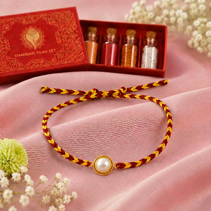 92.5 Silver Pearl Rakhi with Chandan Tilak Set