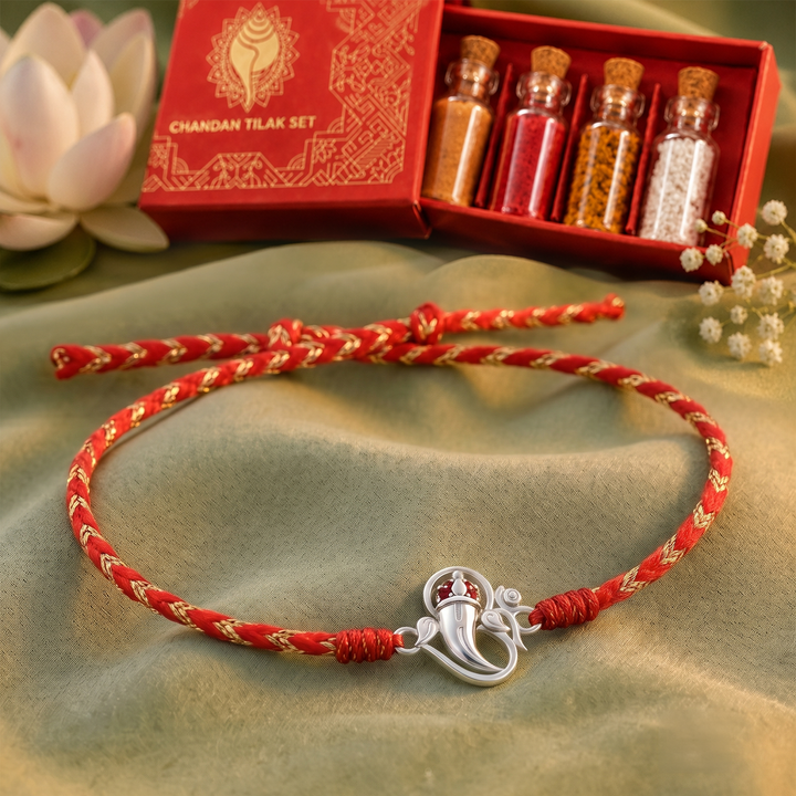Pure 92.5 Ganesh & Om Silver Rakhi with Chandan Tilak Set