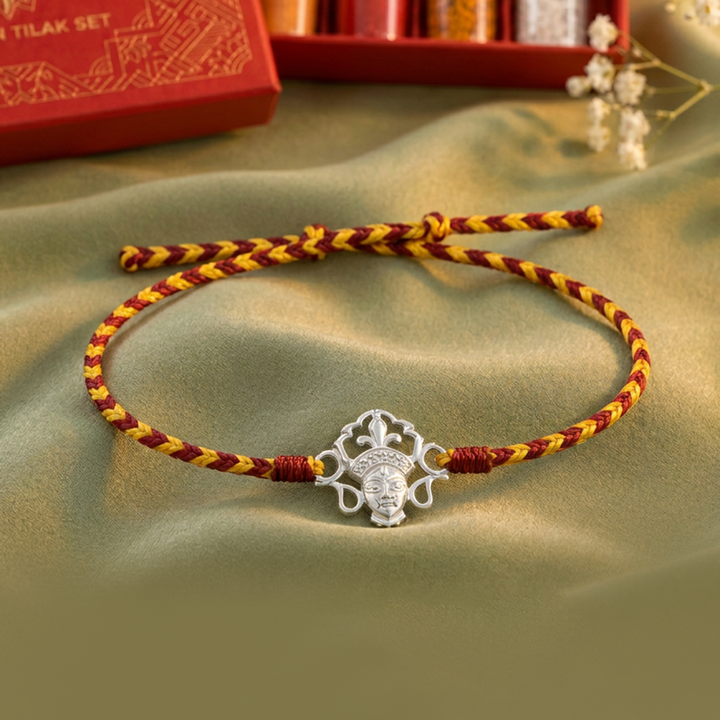 Unniyarcha Silver 925 Devi Maa Red Thread Rakhi with Chandan Tilak set