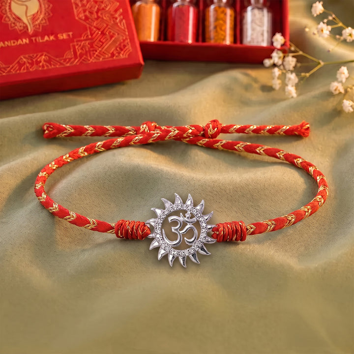 Pure 92.5 Traditional Om Silver Rakhi with Chandan Tilak Set