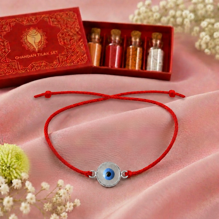 92.5 Silver Evil Eye Rakhi with Chandan Tilak Set