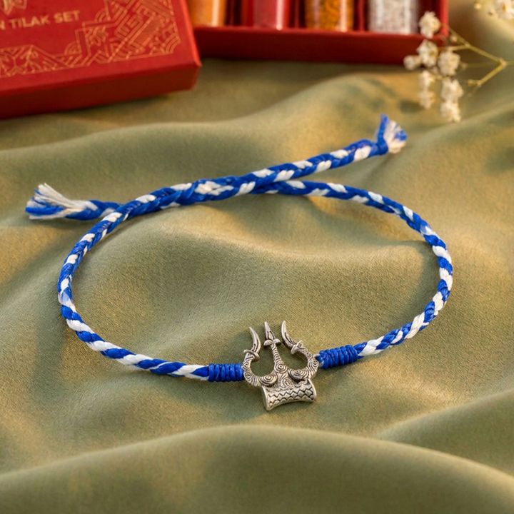 925 Silver Trishul-Damru Rakhi with Blue Thread with Chandan Tilak Set