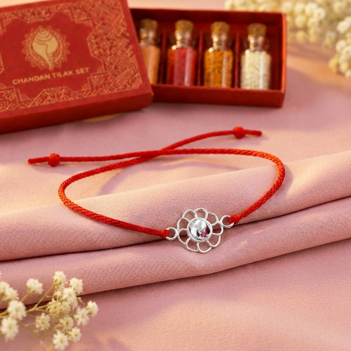 Pure 92.5 Silver Flower Rakhi with Chandan Tilak Set