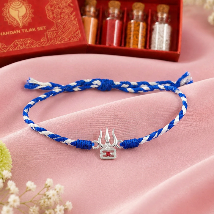 Unniyarcha 925 Silver Trishul with Tripundra Rakhi with Chandan Tilak set