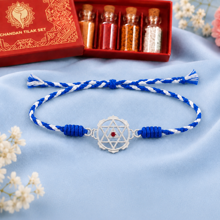 Unniyarcha 925 Pure Silver Shiv yantra Rakhi with Chandan Tilak set