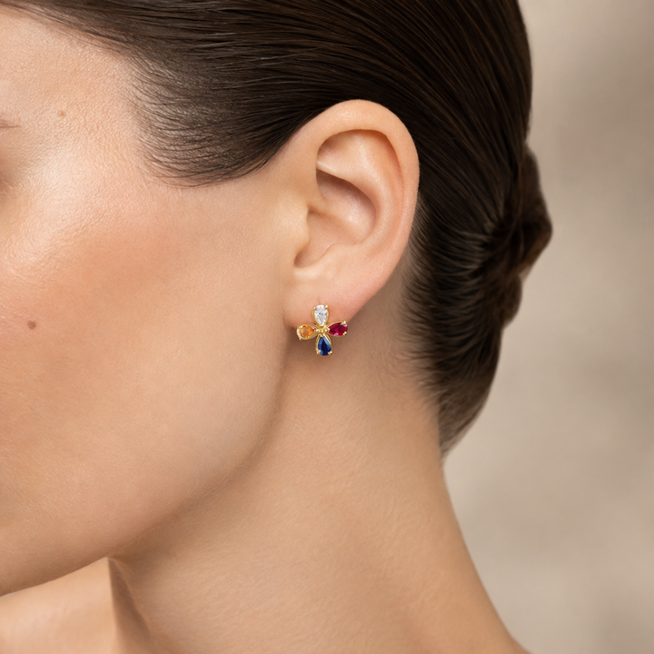 925 Silver Multicolor Gemstone Floral Stud Earrings