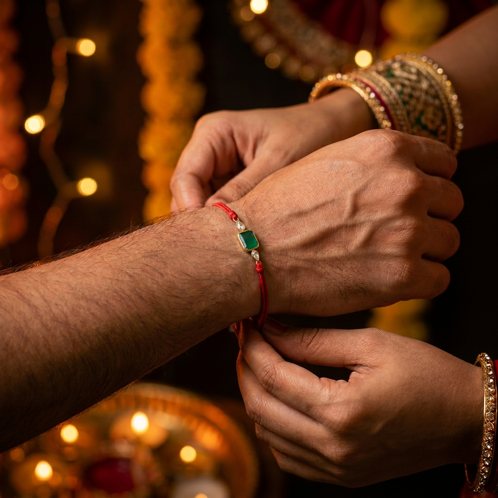 92.5 silver Green Rakhi with Chandan Tilak Set