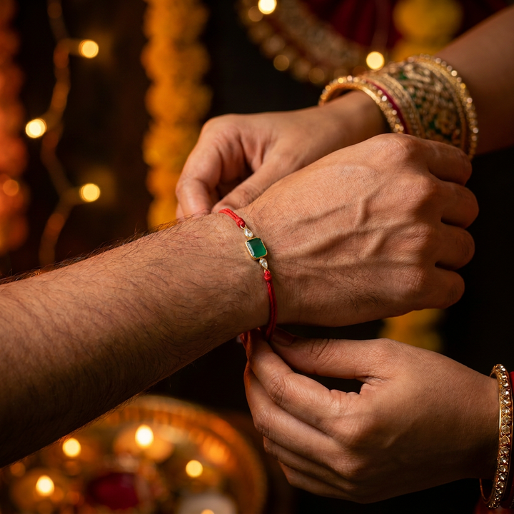 92.5 silver Green Rakhi with Chandan Tilak Set