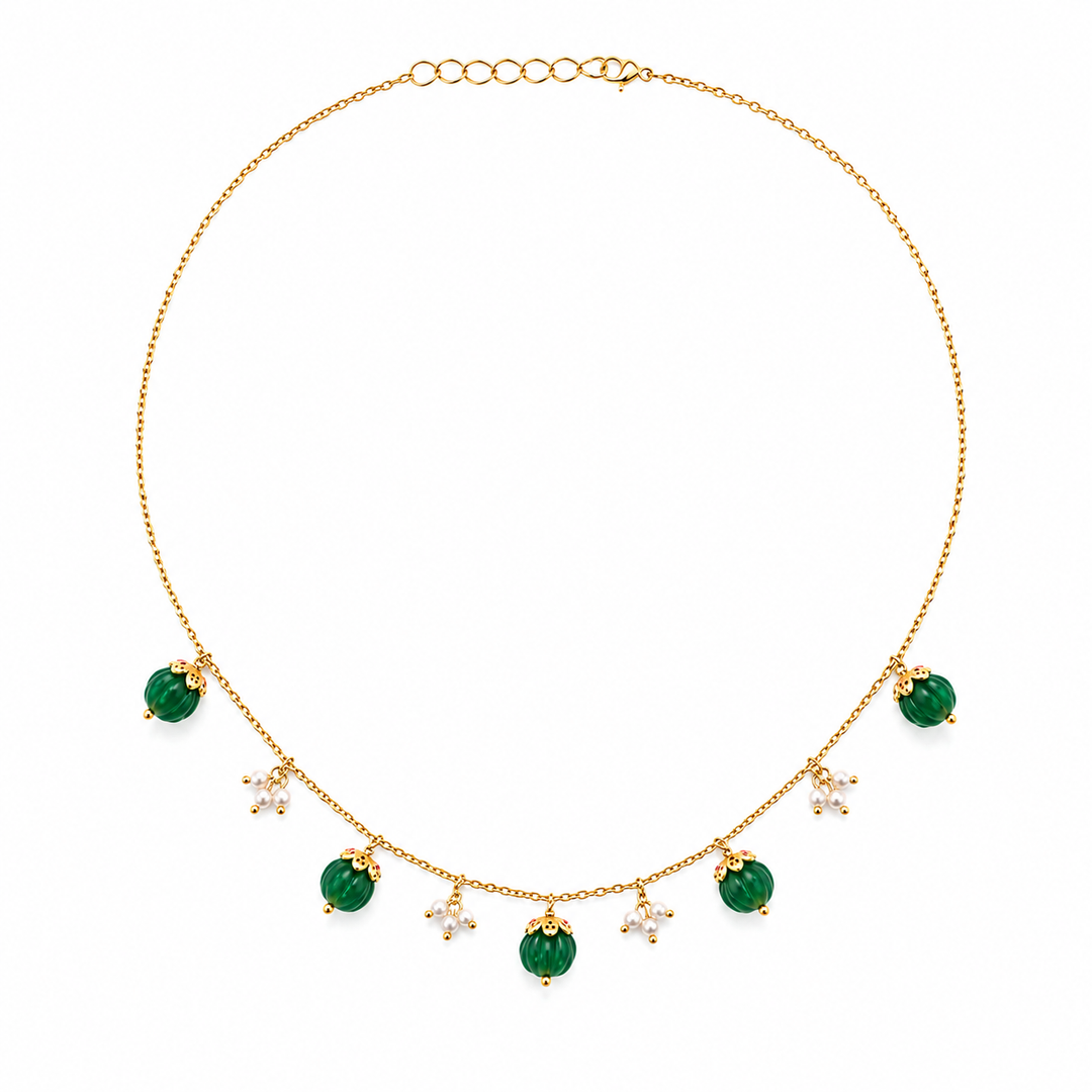 925 Sterling Silver Delicate Mellon Bead with Pink Zircon Cap Necklace (Gold Plating)