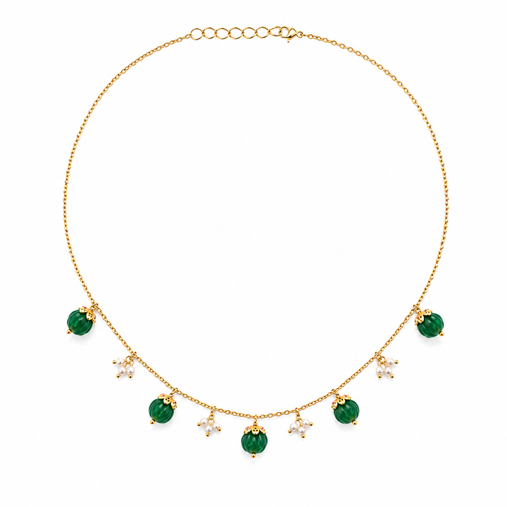 925 Sterling Silver Delicate Mellon Bead with Pink Zircon Cap Necklace (Gold Plating)