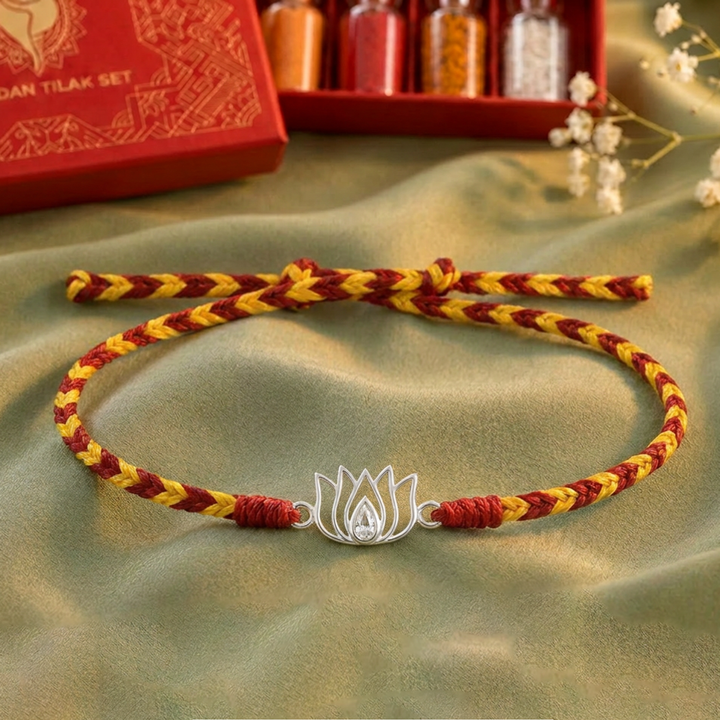 92.5 Silver Lotus Rakhi with Chandan Tilak Set